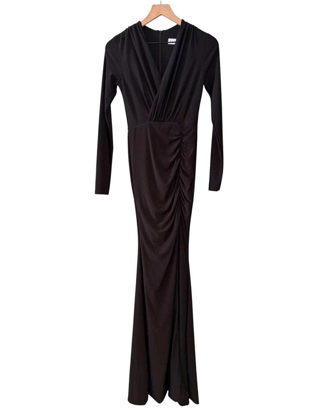 Club L London Black Plunge Ruched Long Sleeve Maxi Gown Dress US 6 Evening